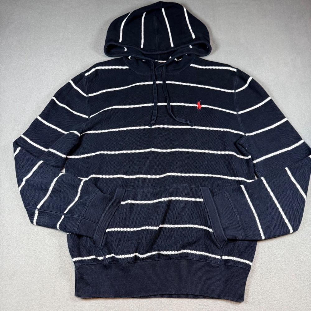 Polo Ralph Lauren Mens Hoodie M Navy White Striped Pima Cotton Knit Pony Logo